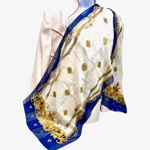 Vgt Trussardy 100% silk Scarf satin & chiffon 62x17" Blue Ivert Gold Flroal (18)